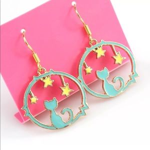 925 Silver Stamped Cat & Stars Earrings